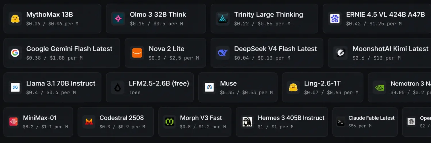 A slice of the rentapi.org model catalogue, with per-million token prices